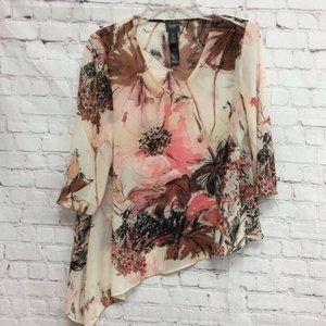 Chicos Womens Blouse Beige Brown Floral 3/4 Sleeve V Neck Asymmetric Hem S/4 0